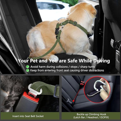 Dog Seat Belt Harness for Car, Dog Car Harness Adjustable Mesh Breathable &amp; Dogs Seatbelt Safety Tether with Elastic Bungee for Small Medium Large Pets(Army Green, L)