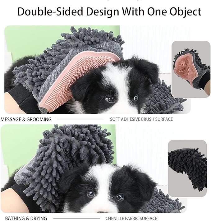 Dual Sided Pet Grooming Glove with Rubber Paw - 2-in-1 Grooming Glove | Fun Dogs &amp; Cats Grooming Tool for Brushing, Massaging, and Scrubbing | Chenille Fabric Side Acts as Pet Bathing(Blue)
