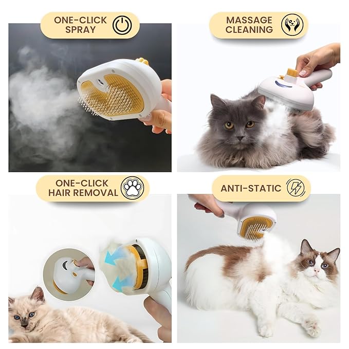 Self Cleaning Steam Brush for Cat Dog, 4 in 1 Pet Brushes for Shedding &amp; Grooming, Bath Massage &amp; Water/Mist Slicker Brush for Long Haired Cats &amp; Dogs- Pet Grooming Brushes with Spray for Cats
