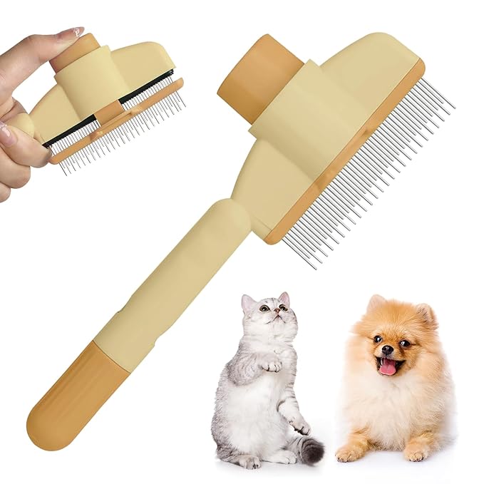 Flea Comb for Cat Hair Removal Comb, 2025 New Self-Cleaning Flea Brush for Cats and Dog, Comfort Cat Hair Removal Tool with Long &amp; Short Stainless Steel Metal Grooming Brush(Yellow)