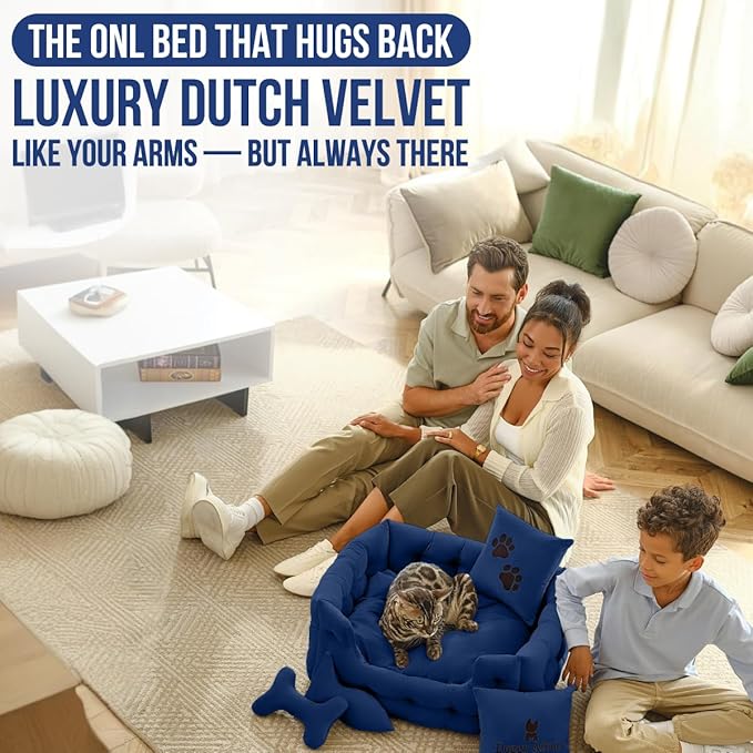 Luxury Cat and Dog Bed Chesterfield – Handcrafted Velvet Throne for Dogs | Joint Support, Calming &amp; Temp-Regulating Comfort | Durable 5+ Years, Anti-Claw, Washable 100+ Times – S, Blue