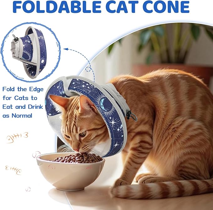 Breathable Air Mesh Cat Cone Collar Soft to Stop Licking, Adjustable, Foldable Lightweight Kitten Cones After Surgery Recovery for Cats &amp; Kittens (Star Blue, M)