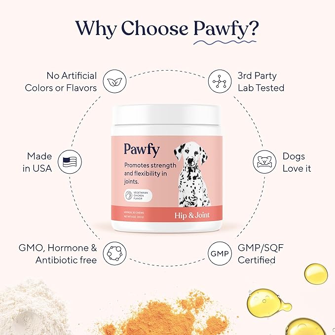 Pawfy Hip &amp; Joint Supplement for Dogs with MSM &amp; Vitamins | Glucosamine Chondroitin for Small, Medium &amp; Large Breed - Supports Mobility &amp; Bones | Glucosamine for Dogs with Omega 3-30 Chews