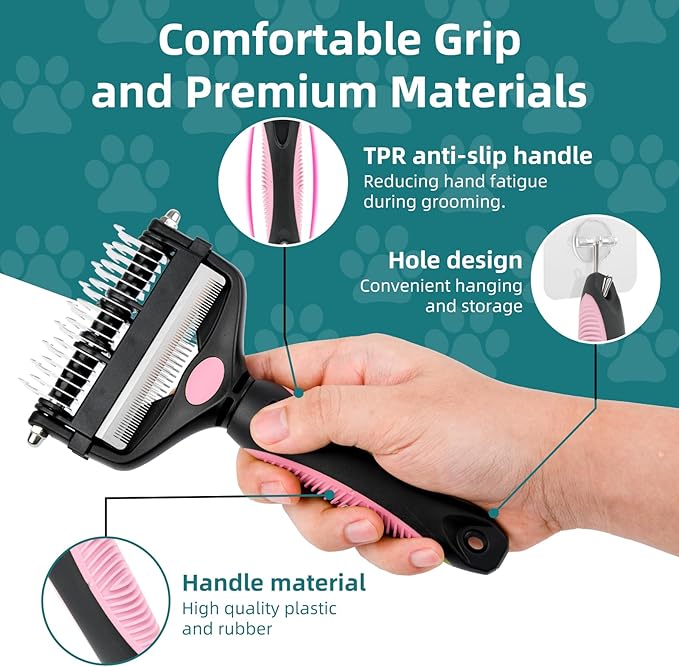 3-IN-1 Pet Grooming Tool - Undercoat Rake, Dematting Comb &amp; Deshedding Brush for Cats &amp; Dogs - Removes Mats, Tangles &amp; Loose Fur, Reduces Shedding &amp; Prevents Hair Mess (Pink)