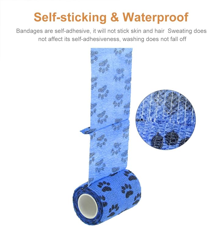 AUPCON Vet Wrap Cohesive Bandages Bulk Self Adhesive Bandage Wrap Self Adherent Wrap Non-Woven for Dogs Pet Animals &amp; Ankle Sprains &amp; Swelling (3 Inch Blue Claw)