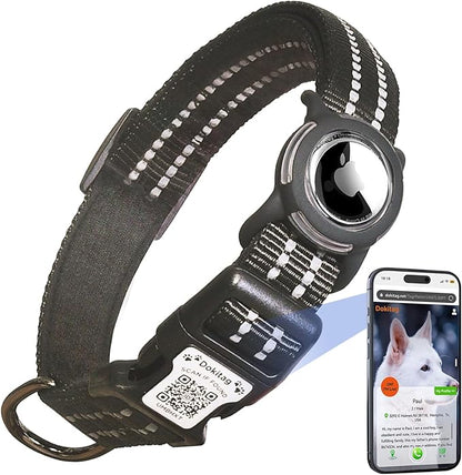 Reflective Dog Collar with Apple AirTag Holder &amp; QR Code Pet ID Tag,Soft Nylon Adjustable Dog Tracker Collar with Safety Lock for Small Dogs(Black, S)