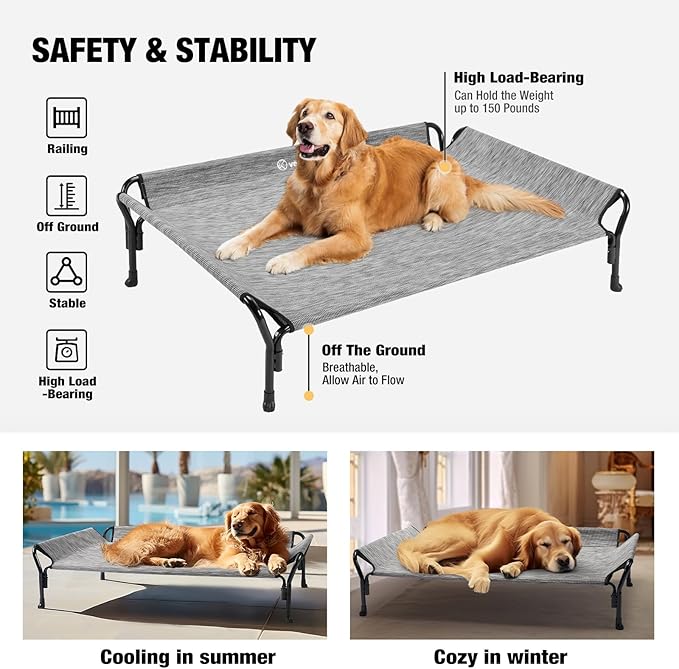 Veehoo Cooling Elevated Dog Bed, Raised Pet Cot with Guardrail &amp; Slope Headrest, Durable Breathable Teslin Mesh, Non-Slip Feet, Washable Dog Couch Bed for Indoor &amp; Outdoor, 39.5" x 28", Black Silver