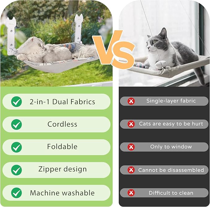 2 Pack Cat Window Perch, Glow in The Dark Foldable Cat Hammock with Sunken Design &amp; Removable Soft Cover, Breathable Cordless Window Bed for Resting Indoor Kitten (Shallow Perch, 2 Pack - L)