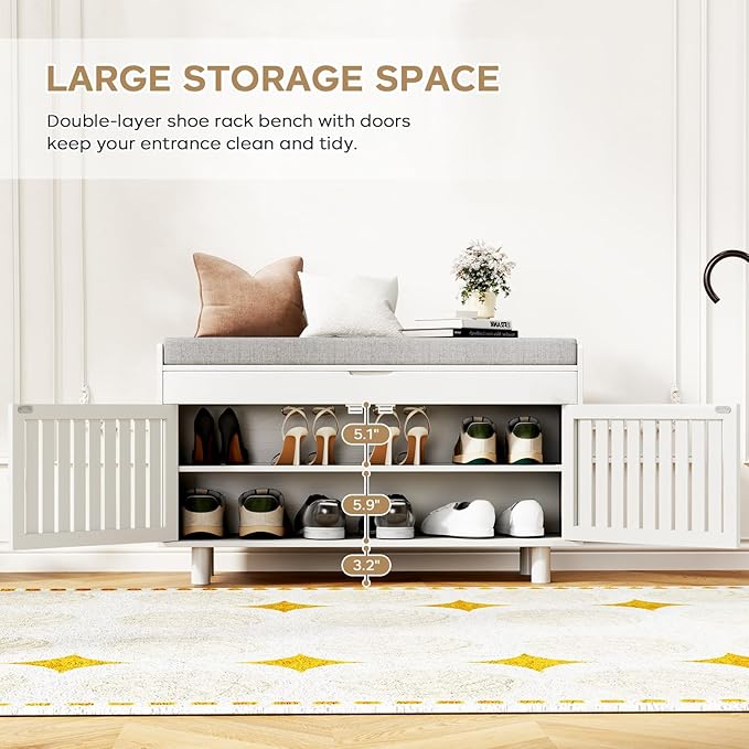 Storage Bench, Bamboo Shoe Bench with Padded Seat Cushion &amp; 2 Doors, 2-Tier Entryway Bench with Lift Top Hidden Storage, 35.4" W x 12.6" D x 19.7" H, Shoe Rack Cabinet for Entryway, Living Room, White