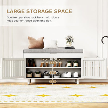Storage Bench, Bamboo Shoe Bench with Padded Seat Cushion &amp; 2 Doors, 2-Tier Entryway Bench with Lift Top Hidden Storage, 35.4" W x 12.6" D x 19.7" H, Shoe Rack Cabinet for Entryway, Living Room, White