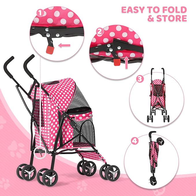 Magshion Compact Pet Stroller for Small-Medium Dogs/Cats up to 22lbs, 4-Wheel Lightweight Umbrella Shaped Portable Puppy Travel Jogger with Breathable Mesh &amp; Rear Storage, Pink Polka Dots