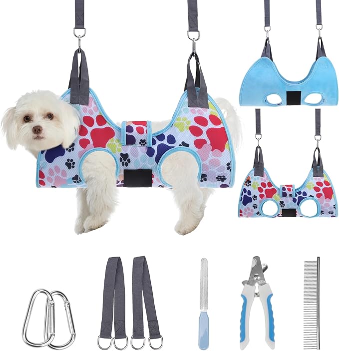 PAWCHIE Dog Grooming Hammock Harness for Dogs &amp; Cats with Pet Nail Clipper Trimmer - Cat Hanger Sling for Trimming Clipping Nails- Dog Hammock Restraint Bag for Small Medium Large Dog, Blue XS