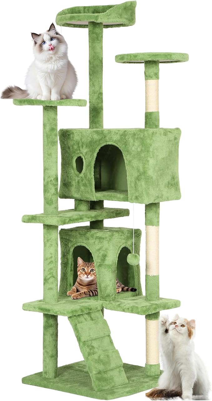 FDW Cat Tree 70in Cat Tower Multi-Level Durable Cat Scratching Post &amp; Cozy Fun Cat Jumping Platform Space Saving Cat Condo Pet Play House for Indoor Cats,Green