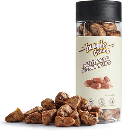 Jungle Calling Freeze Dried Cat &amp; Dog Treats, Freeze Dried Chicken Hearts for Cats &amp; Dogs, High Protein Single Ingredient Chicken Heart Treats, Grain Free Pet Training Treats (Chicken Hearts, 2.3 oz)