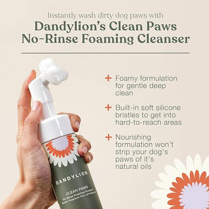 Dandylion Clean Paws | No-Rinse Dog Paw Cleaner &amp; Puppy Paw Washer | Gentle, Fragrance-Free, pH Balanced Foaming Cleanser with Silicone Bristle Brush | Safe for All Dogs | 5 fl oz