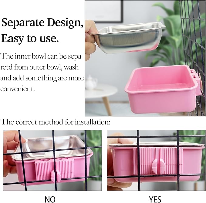 kathson Crate Dog Bowl, Removable Stainless Steel Hanging Pet Kennel Cage Bowl Food &amp; Water Feeder Coop Cup for Puppy, Cat, Rabbit,Guinea Pigs 3pcs Square(Blue,Green,Pink)