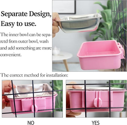 kathson Crate Dog Bowl, Removable Stainless Steel Hanging Pet Kennel Cage Bowl Food &amp; Water Feeder Coop Cup for Puppy, Cat, Rabbit,Guinea Pigs 3pcs Square(Blue,Green,Pink)