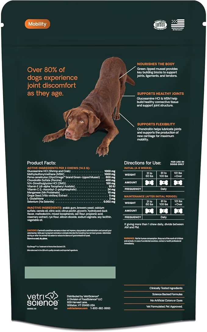 VetriScience Ultimate Strength Healthy Hip &amp; Joint Chews, GlycoFlex Glucosamine, Chondroitin and Green-Lipped Mussel Joint Support Supplement for Dogs, Soothe Joint Discomfort, Duck, 120 Count