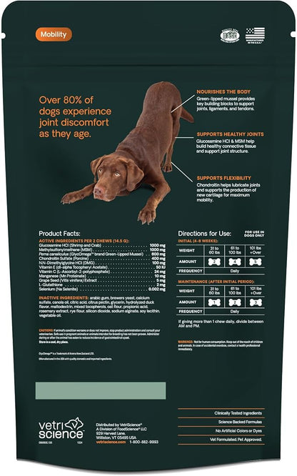 VetriScience Ultimate Strength Healthy Hip &amp; Joint Chews, GlycoFlex Glucosamine, Chondroitin and Green-Lipped Mussel Joint Support Supplement for Dogs, Soothe Joint Discomfort, Duck, 120 Count