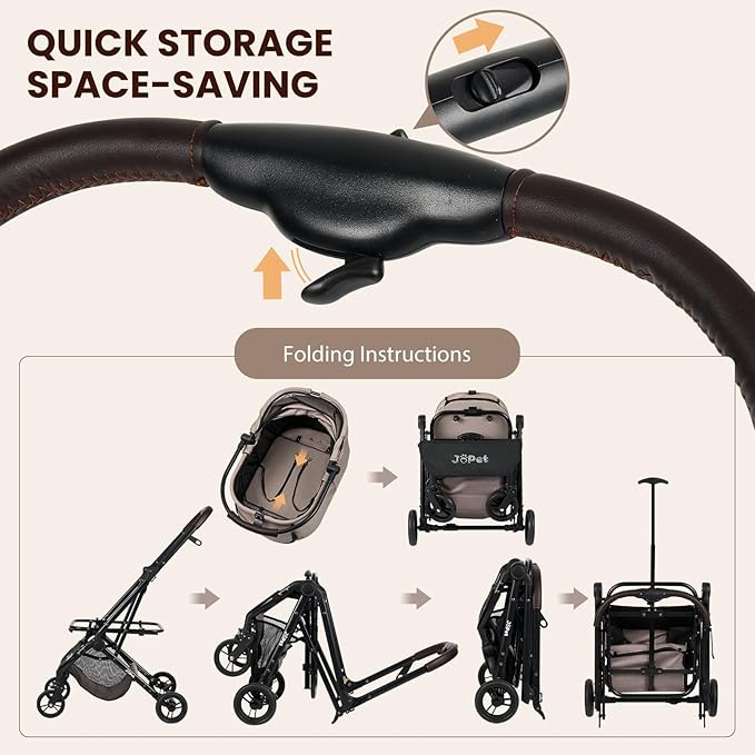 Pet Stroller, Small to Medium Dogs &amp; Cats, Foldable, One-Hand Fold, Detachable Carrier, Latte Color