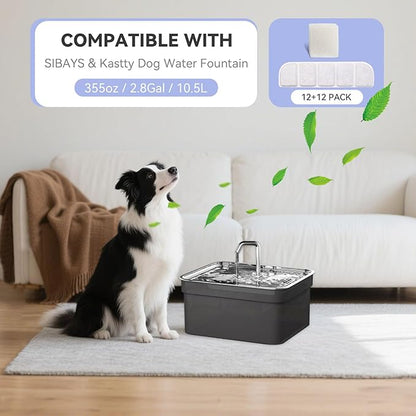 12 Pack Replacement Filter for SIBAYS &amp; Kastty 355oz / 2.8Gal / 10.5L Large Dog Water Fountain, Coconut Shell Activated Carbon Pet Water Fountain Filters with 12 Pack Sponges