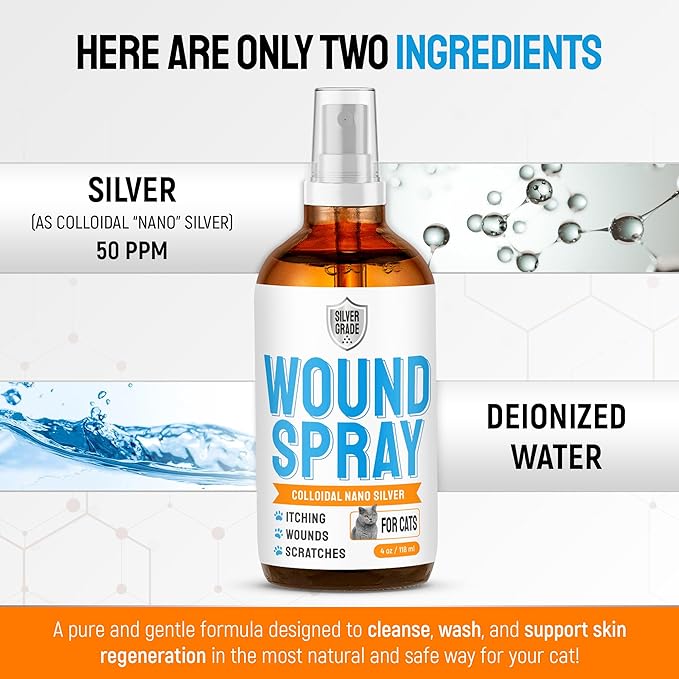 Cat Wound Care Spray with Silver – Wounds, Rashes, Hot Spots, Itch, Scratching, Irritation, Bites &amp; Burns – Use a Cat Cone to Prevent Licking – Safe Formula – 4 Oz