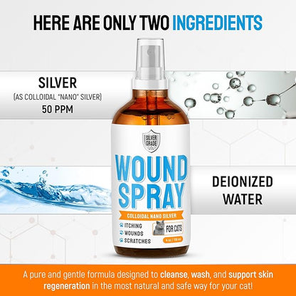 Cat Wound Care Spray with Silver – Wounds, Rashes, Hot Spots, Itch, Scratching, Irritation, Bites &amp; Burns – Use a Cat Cone to Prevent Licking – Safe Formula – 4 Oz