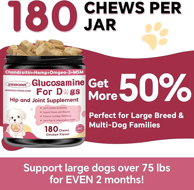 Glucosamine for Dogs - Joint Supplement for Dogs with Chondroitin, MSM, Omega 3, Hemp, Turmeric for Dog Joint Pain Relief, Dog Joint Supplement with Calcium Support Cartilage &amp; Bone Health, 180 Chews