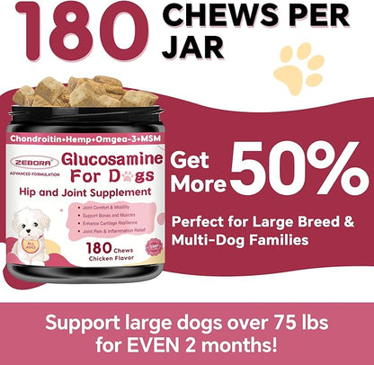 Glucosamine for Dogs - Joint Supplement for Dogs with Chondroitin, MSM, Omega 3, Hemp, Turmeric for Dog Joint Pain Relief, Dog Joint Supplement with Calcium Support Cartilage &amp; Bone Health, 180 Chews