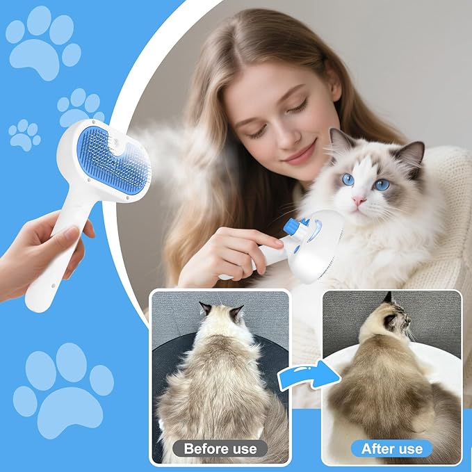 Pet Steam Brush for Dog &amp; Cat - 3-in-1 Steam Grooming Brush for Shedding &amp; Hair Removal - Self Cleaning Spray Comb with Mist for Long Haired Pets, Blue