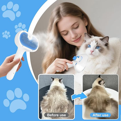 Pet Steam Brush for Dog &amp; Cat - 3-in-1 Steam Grooming Brush for Shedding &amp; Hair Removal - Self Cleaning Spray Comb with Mist for Long Haired Pets, Blue