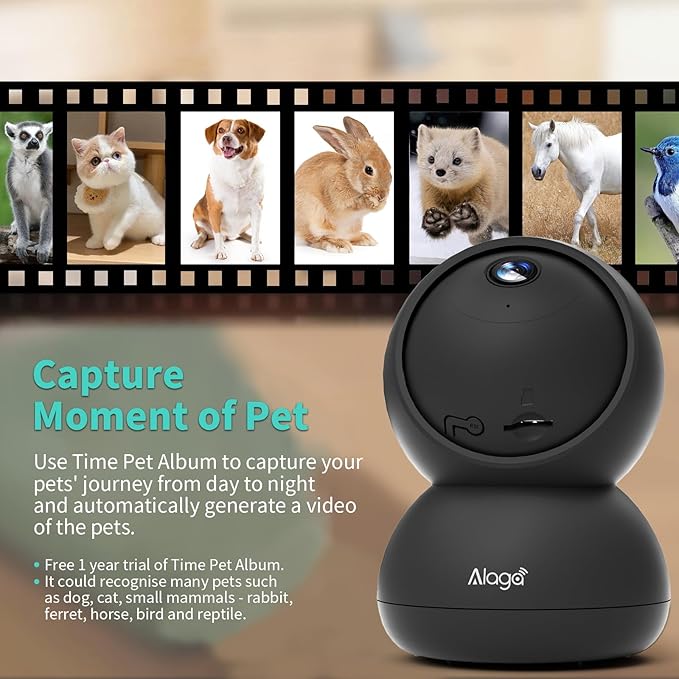 Alaga 3K Pet Camera, Dog Monitor with Phone App, 360° Pan/Tilt, Night Vision, Speaker, WiFi Cameras for Dog/Cat, Compatible with Alexa &amp; Google Assistant, Black, Includes 1-Year Pet Time Album