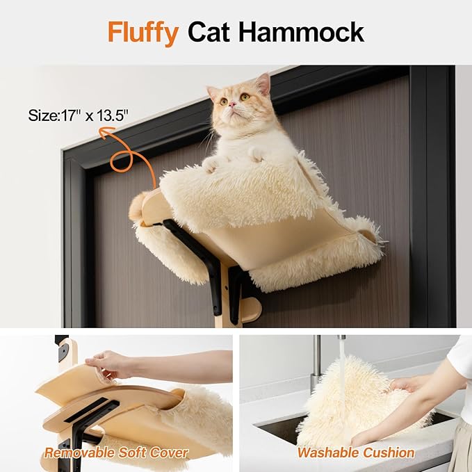 MEWOOFUN Cat Climbing Shelves Tree, 4-Levels Over Door Cat Climber for Jumping, Stable Cat Stairs Hammock for Kittens &amp; Adult Cats (Wooden-65 H x 26.8” L x 13.8” W)