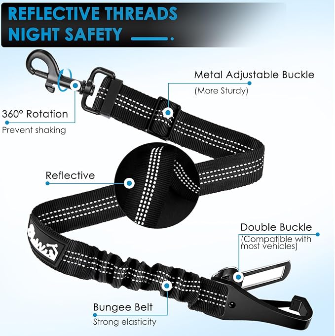 Lukovee Dog Seatbelt Leash for Cars, 2 Pack Pet Safety Car Seat Belt with Adjustable Buckle &amp; Reflective Bungee, Connect Dog Harness in Vehicle Car Dogs Restraint Travel Daily Use (Black)