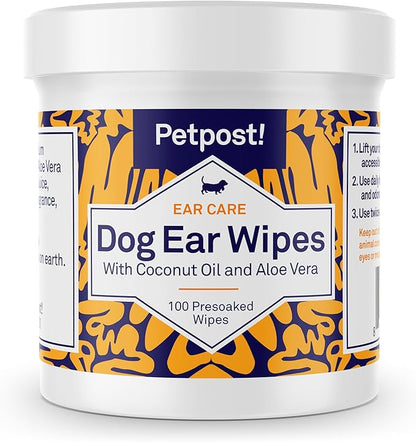 Petpost | Dog Ear Cleaner Wipes - Ultra Soft Cotton Pads in Coconut Oil Aloe Solution - Dog Ear Rinse &amp; Cleanser 100 ct.