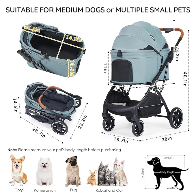 T5 Luxury Pet Stroller for Medium Dog Under 60lbs or 2 Small Dogs &amp; Cats with 180 ̊Canopy, Sun Shades, Auto-Folding Stroller for Multiple Pets (Green)