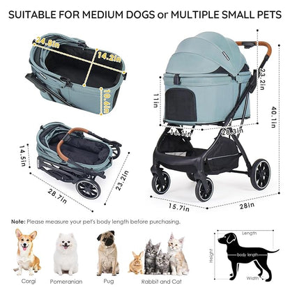 T5 Luxury Pet Stroller for Medium Dog Under 60lbs or 2 Small Dogs &amp; Cats with 180 ̊Canopy, Sun Shades, Auto-Folding Stroller for Multiple Pets (Green)