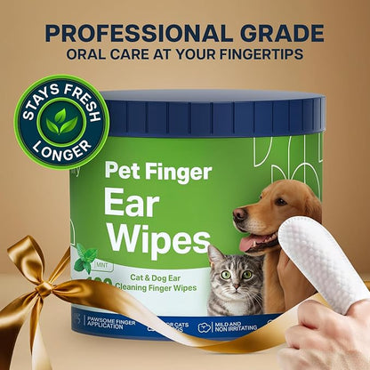 Dog Ear Wipes - 100 Value Pack - Mint Ear Wipes for Dogs, Vet Formulated Pet Ear Wipes for Dogs &amp; Cats – Effective Dog Ear Cleaner for Itch Relief, Wax &amp; Odor