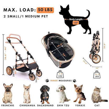 Pet Stroller with 4 Wheels, Foldable Pet Travel Carrier for Small/Medium Dogs Cats up to 50lbs, Detachble Portable Pet Bag, Storage Basket, Car Seat 3 in 1 Multifunctional (Black)
