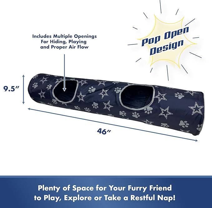 NFL Dallas Cowboys Cat Tunnel Tube Toy with Plush Football Catnip and Feathers Collapsible Tunnel for Cats to Play, Peek and Hide, Sporty &amp; Fun Cat Tunnel Toy with Team Logo All-Over Design!