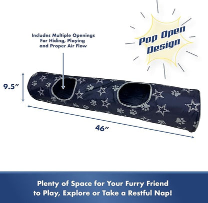 NFL Dallas Cowboys Cat Tunnel Tube Toy with Plush Football Catnip and Feathers Collapsible Tunnel for Cats to Play, Peek and Hide, Sporty &amp; Fun Cat Tunnel Toy with Team Logo All-Over Design!