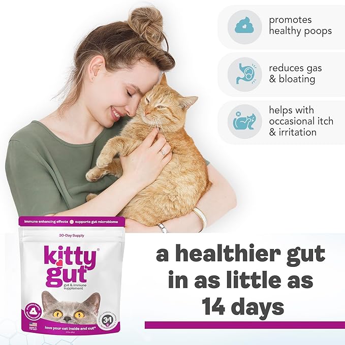 KittyGut 3-in-1 Organic Cat Probiotics &amp; Postbiotic Supplement Powder- Made in USA-Probiotics for Cats Promote Gut Health and Cat Digestive Support, Diarrhea and Vomiting (90g)