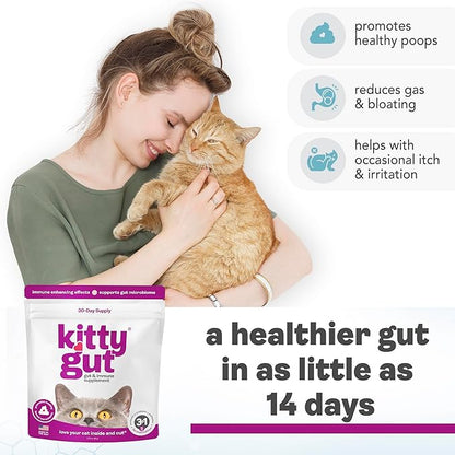 KittyGut 3-in-1 Organic Cat Probiotics &amp; Postbiotic Supplement Powder- Made in USA-Probiotics for Cats Promote Gut Health and Cat Digestive Support, Diarrhea and Vomiting (60g)