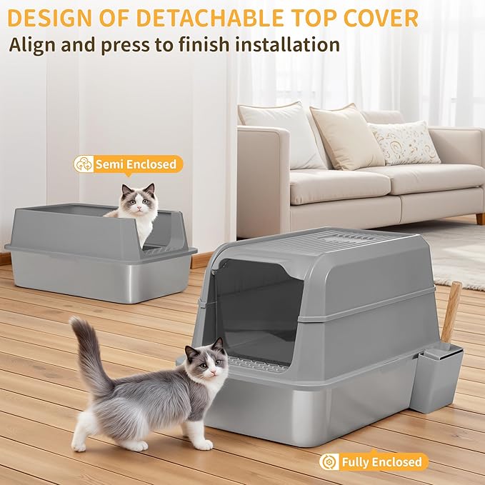 Stainless Steel Litter Box with Lid, XL Extra Large Cat Litter Box, Enclosed Metal Litter Pan with High Sided Enclosure &amp; Scoop, Anti Leakage, Easy to Clean, Odor Control(Grey)