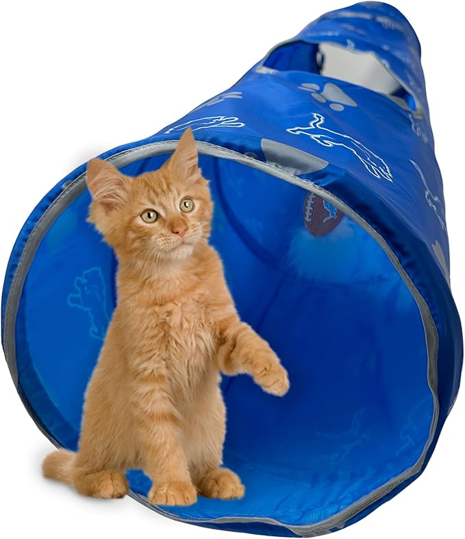 NFL Detroit Lions Cat Tunnel Tube Toy with Plush Football Catnip and Feathers Collapsible Tunnel for Cats to Play, Peek and Hide, Sporty &amp; Fun Cat Tunnel Toy with Team Logo All-Over Design!