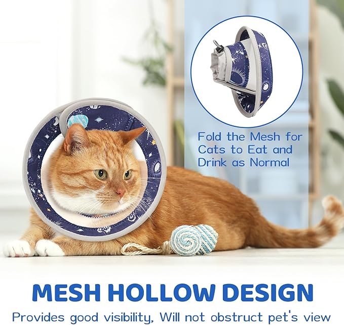 Breathable Air Mesh Cat Cone Collar Soft to Stop Licking, Adjustable, Foldable Lightweight Kitten Cones After Surgery Recovery for Cats &amp; Kittens (Star Blue, L)