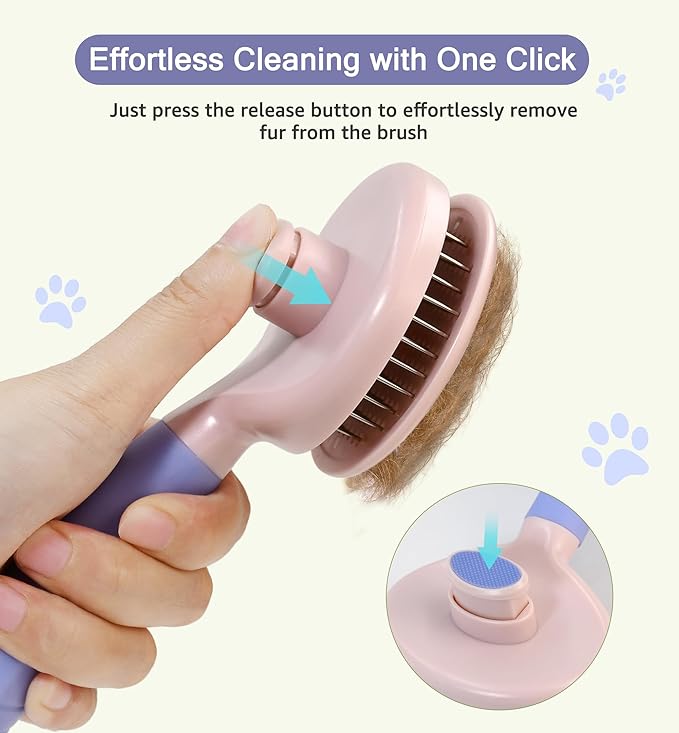 Pet Self-Cleaning Slicker Brush for Dogs &amp; Cats, Deshedding Grooming Comb, Removes Loose Undercoat Hair &amp; Mats, Skin-Friendly Massaging Tool for Long/Short Fur, Large &amp; Small Breeds (Purple)