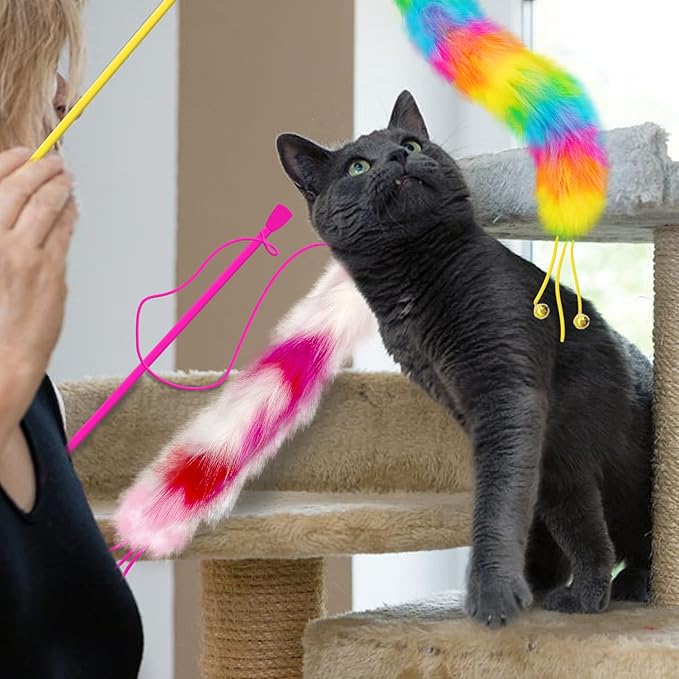 2 Pack Cat Wand Toy, Rainbow Cat Feather Toys with Bells, Teaser Wand with Soft Furry Tail, Interactive Toys for Indoor Cats &amp; Kitten &amp; Kitty