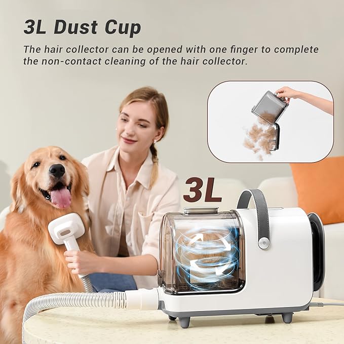 Bunfly Dog Grooming Kit,13000Pa Strong Grooming &amp; Vacuum Suction 99.99% Pet Hair, 16 Pet Grooming Tools for Dogs Cats, 3L Large Capacity Dust Cup, Quiet Pet Vacuum Groomer (Silver &amp; White)
