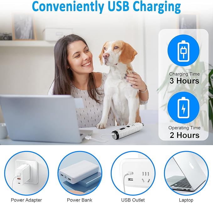 Casfuy Dog Nail Grinder with 2 LED Light for Large Medium Small Dogs - 3X More Powerful 2-Speed Electric Pet Nail Trimmer Rechargeable Quiet Painless Paws Grooming &amp; Smoothing Tool (White)